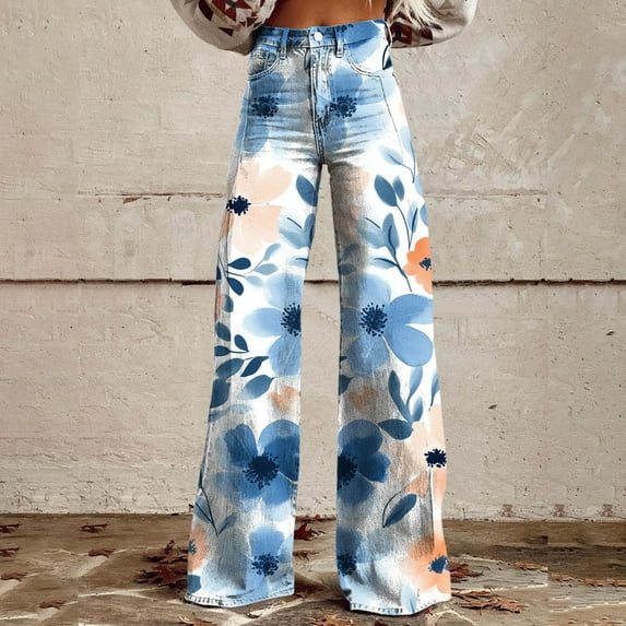 Women's Casual Pants Wide Leg Pants Woman High Waist Floral Patterned Pants Lightweight Loose Fit Casual Colorful Trouser Imitation Jeans,Blue Women's Casual Pants XXXL