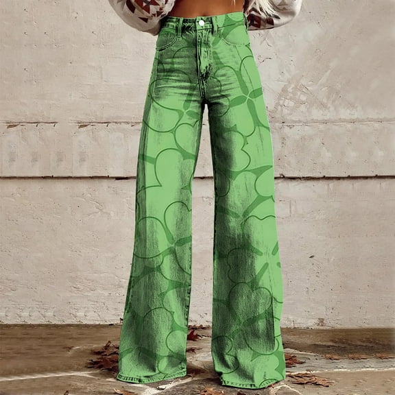 Women's Casual Pants Wide Leg Pants Woman High Waist Floral Patterned Pants Lightweight Loose Fit Casual Colorful Trouser Imitation Jeans,Green Women's Casual Pants S