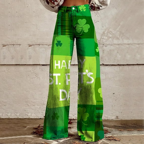Women's Casual Pants Wide Leg Pants Woman High Waist Floral Patterned Pants Lightweight Loose Fit Casual Colorful Trouser Imitation Jeans,Green Women's Casual Pants L