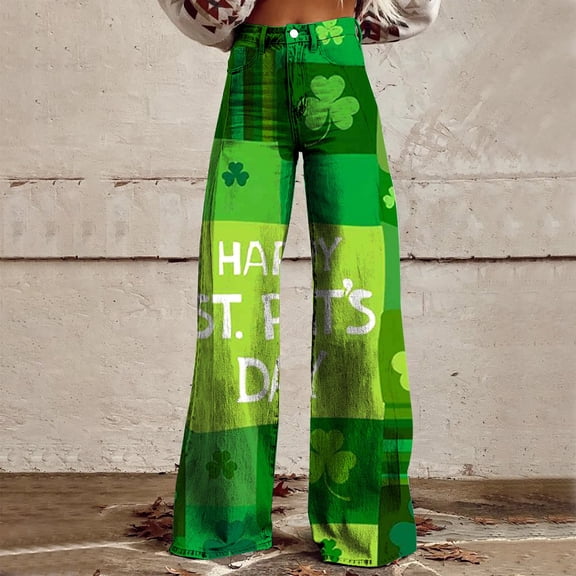 Women's Casual Pants Wide Leg Pants Woman High Waist Floral Patterned Pants Lightweight Loose Fit Casual Colorful Trouser Imitation Jeans,Green Women's Casual Pants L