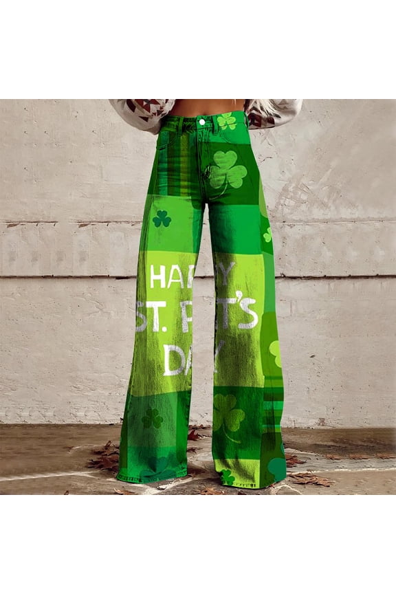 Women's Casual Pants Wide Leg Pants Woman High Waist Floral Patterned Pants Lightweight Loose Fit Casual Colorful Trouser Imitation Jeans,Green Women's Casual Pants L