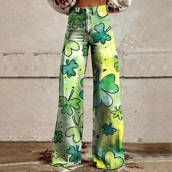 Women's Casual Pants Wide Leg Pants Woman High Waist Floral Patterned Pants Lightweight Loose Fit Casual Colorful Trouser Imitation Jeans,Green Women's Casual Pants S