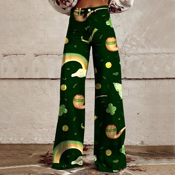 Women's Casual Pants Wide Leg Pants Woman High Waist Floral Patterned Pants Lightweight Loose Fit Casual Colorful Trouser Imitation Jeans, Women's Casual Pants M