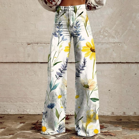 Women's Casual Pants Wide Leg Pants Woman High Waist Floral Patterned Pants Lightweight Loose Fit Casual Colorful Trouser Imitation Jeans,Yellow Women's Casual Pants XXXL