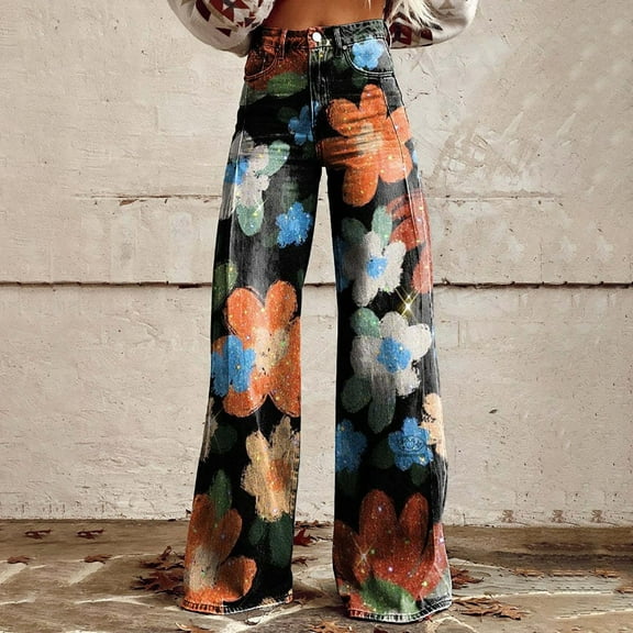 Women's Casual Pants Wide Leg Pants Women'S High Waisted Flower Patterned Pants Lightweight And Loose Casual Colorful Pants Heavyweight Pants,Black Women's Casual Pants XXXXL