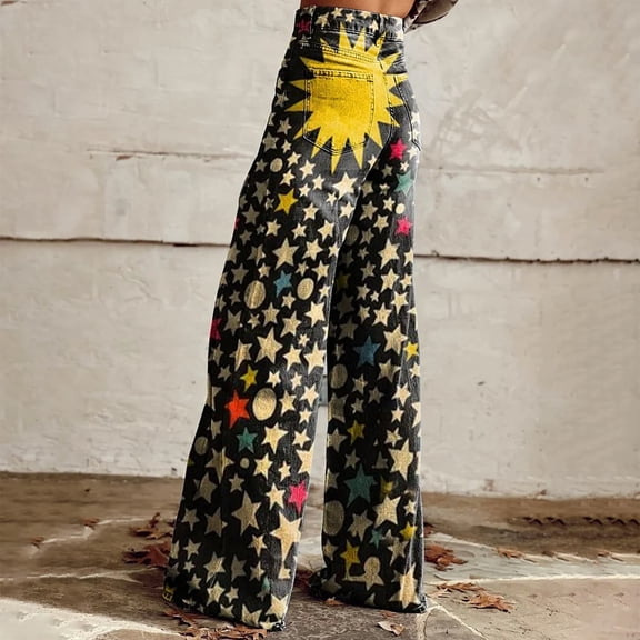 Women's Casual Pants Wide Leg Pants Women'S High Waisted Flower Patterned Pants Lightweight And Loose Casual Colorful Pants Heavyweight Pants,Black Women's Casual Pants XL