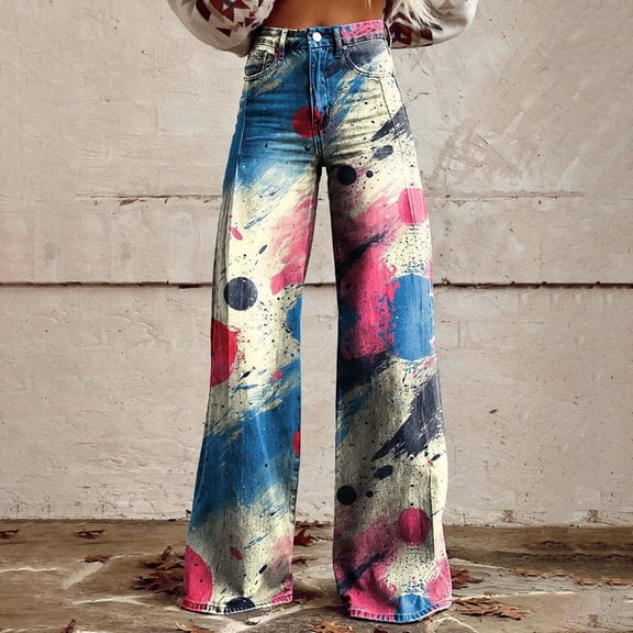 Women's Casual Pants Wide Leg Pants Women'S High Waisted Flower Patterned Pants Lightweight And Loose Casual Colorful Pants Heavyweight Pants,Blue Women's Casual Pants XXXL