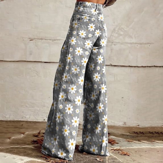 Women's Casual Pants Wide Leg Pants Women'S High Waisted Flower Patterned Pants Lightweight And Loose Casual Colorful Pants Heavyweight Pants,Gray Women's Casual Pants XXL