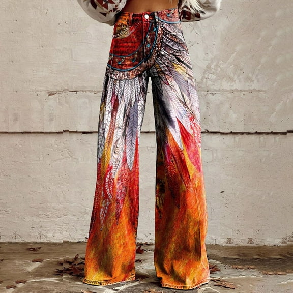 Women's Casual Pants Wide Leg Pants Women'S High Waisted Flower Patterned Pants Lightweight And Loose Casual Colorful Pants Heavyweight Pants,Orange Women's Casual Pants M