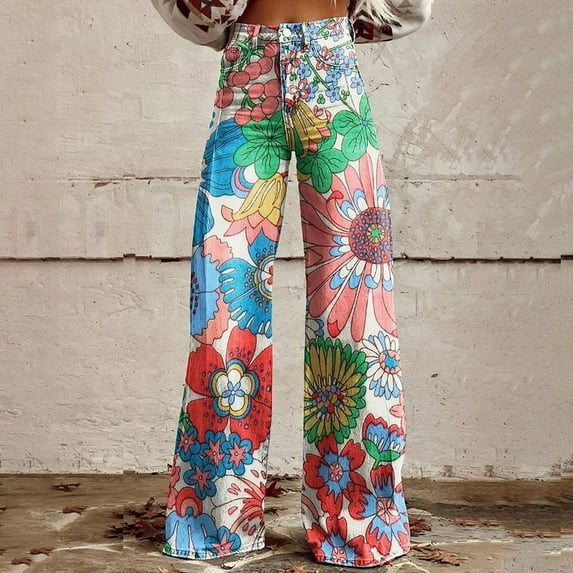 Women's Casual Pants Wide Leg Pants Women'S High Waisted Flower Patterned Pants Lightweight And Loose Casual Colorful Pants Heavyweight Pants,Pink Women's Casual Pants XXXL