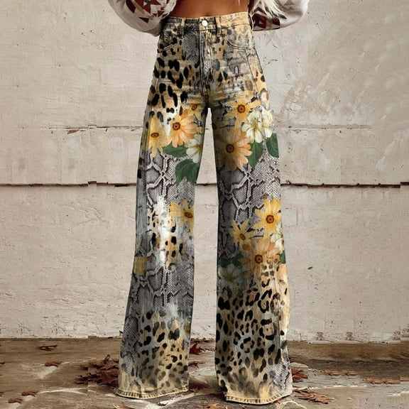Women's Casual Pants Wide Leg Pants Women'S High Waisted Flower Patterned Pants Lightweight And Loose Casual Colorful Pants Heavyweight Pants,Yellow Women's Casual Pants M
