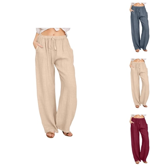 Women's Casual Pants - Women Casual Solid Color Trouser Pant Blend Drawstring Elastic Waist Pocket Long Wide Leg Pants for Everyday Wear