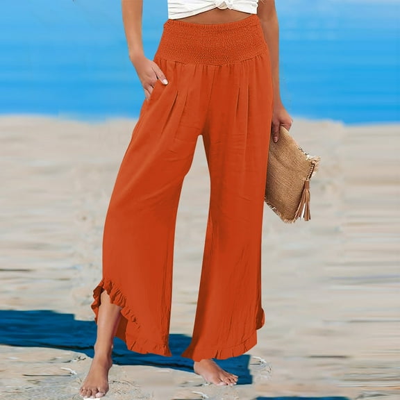 Women's Casual Pants Women Linen Pants Summer Wide Leg Pants Smocked Waist Ruffle Palazzo Pant Boho Flowy Beach Pant With Pocket,Orange Women's Casual Pants M