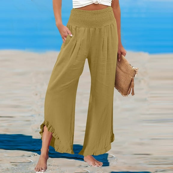 Women's Casual Pants Women Linen Pants Summer Wide Leg Pants Smocked Waist Ruffle Palazzo Pant Boho Flowy Beach Pant With Pocket,Yellow Women's Casual Pants XL