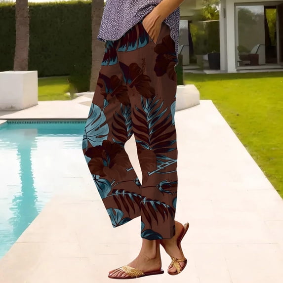 Women's Casual Pants Women'S Casual Boho Floral Print Stripe Cotton Linen Pants Elastic Waisted Summer Spring Beach Baggy,Red Women's Casual Pants XL