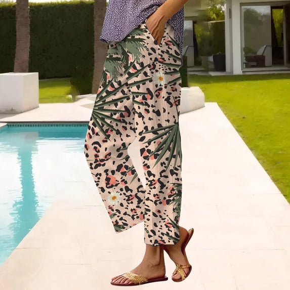 Women's Casual Pants Women'S Casual Boho Floral Print Stripe Cotton Linen Pants Elastic Waisted Summer Spring Beach Baggy,Yellow Women's Casual Pants XL