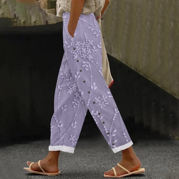 Women's Casual Pants Women'S Embroidered Floral Print Elastic Belt With Pocket Trousers Side Buttons Cropped Pants Loose Casual Pants Print Straight Pants,Purple Women's Casual Pants L