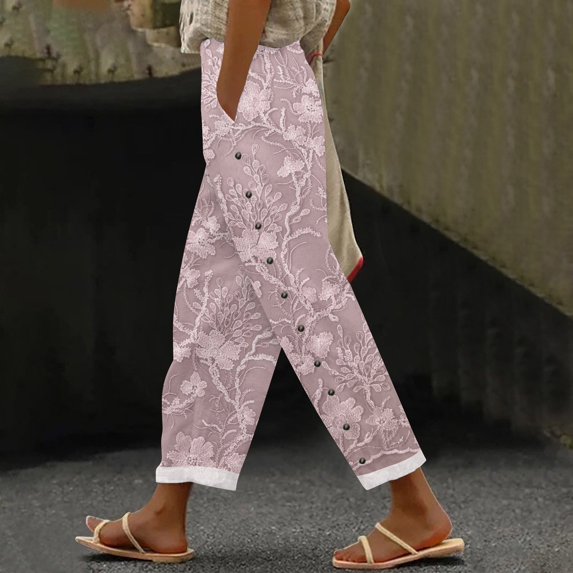 Women's Casual Pants Women'S Embroidered Floral Print Elastic Belt With Pocket Trousers Side Buttons Cropped Pants Loose Casual Pants Print Straight Pants,Pink Women's Casual Pants M