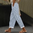thumbnail image 1 of Women's Casual Pants Women'S Embroidered Floral Print Elastic Belt With Pocket Trousers Side Buttons Cropped Pants Loose Casual Pants Print Straight Pants,Blue Women's Casual Pants XXXL, 1 of 5