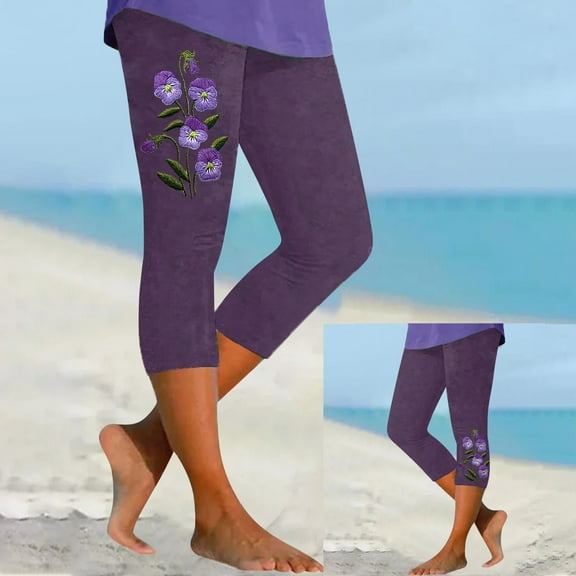 Women's Casual Pants Women'S Fashion Casual Floral Print High Waist Elastic Capri Pants Leggings,Purple Women's Casual Pants S