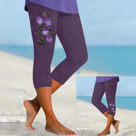 Women's Casual Pants Women'S Fashion Casual Floral Print High Waist Elastic Capri Pants Leggings,Purple Women's Casual Pants XL