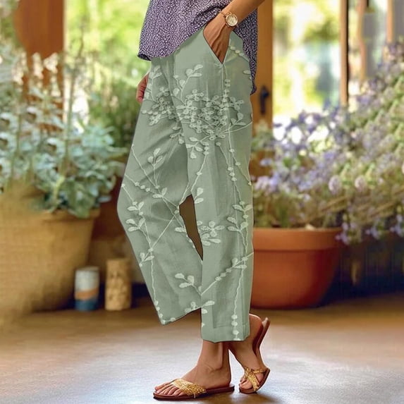 Women's Casual Pants Women'S Floral Embroidered Lace Printed Loose Pocket Patchwork Casual Pants,Green Women's Casual Pants XL