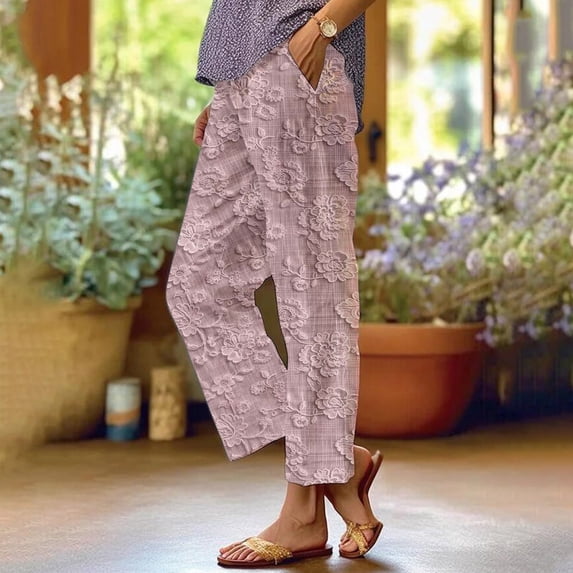 Women's Casual Pants Women'S Floral Embroidered Lace Printed Loose Pocket Patchwork Casual Pants,Pink Women's Casual Pants L