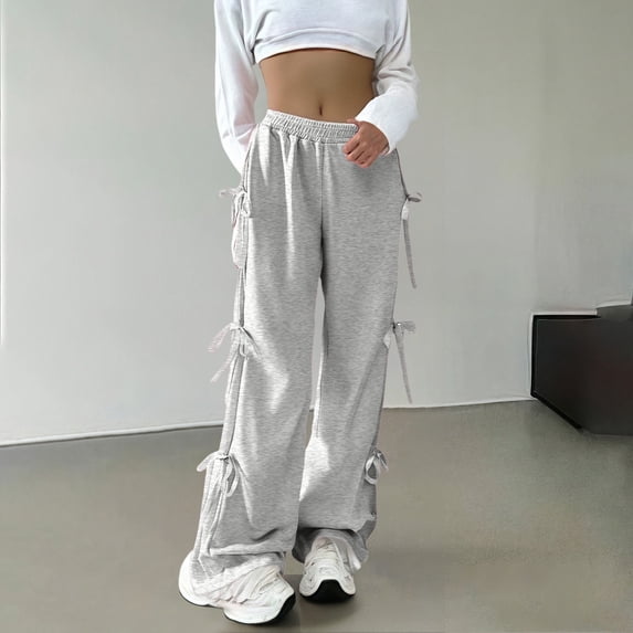 Women's Casual Pants Women'S Jogging Bottoms With Bow And Wide Leg Elastic Waistband Sweat Baggy Trousers With Pocket Country Trousers For Women,Gray Women's Casual Pants L