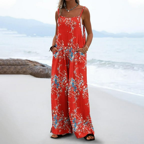 Women's Casual Pants Women'S Jumpsuits Summer Floral Print Boho Overalls With Pocket Casual Wide Leg Baggy Rompers Vacation Outfits,Pink Women's Casual Pants L