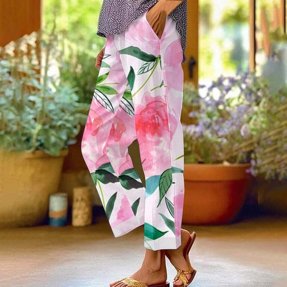 Women's Casual Pants Women'S Retro Printed Loose Pocket Patchwork Casual Cotton And Linen Pants,Pink Women's Casual Pants S