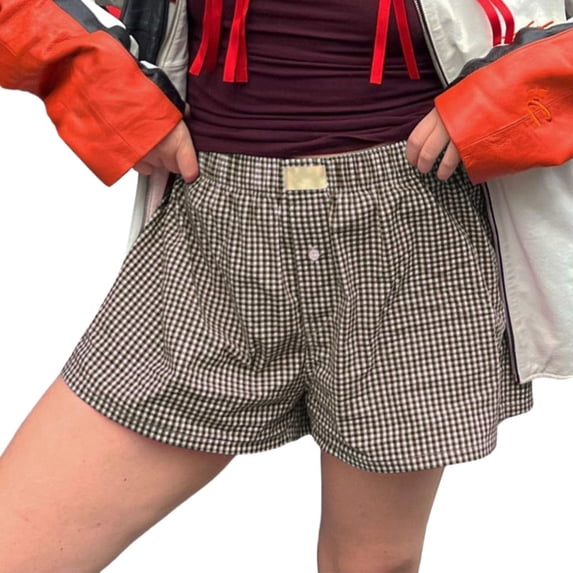 Women's Casual Pants Women'S Shorts Cute Soft Elastic Low Waist Plaid Print Button Front Pajama Bottoms Boxer Shorts Sleepwear,Brown Women's Casual Pants S