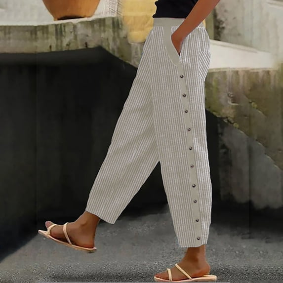 Women's Casual Pants Women'S Solid Color Striped Buttoned Cropped Trousers,Beige Women's Casual Pants L