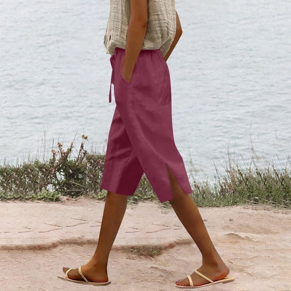 Women's Casual Pants Women'S Summer Long Solid Color Cotton And Linen Straight Leg Loose Casual Five Quarter Pants (Leg Slit),Red Women's Casual Pants XXL