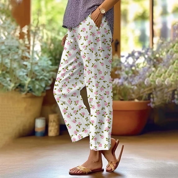 Women's Casual Pants Women'S Summer Pocket Flower Flower Casual Loose Comfortable Cotton Linen Casual Pants,White Women's Casual Pants XL