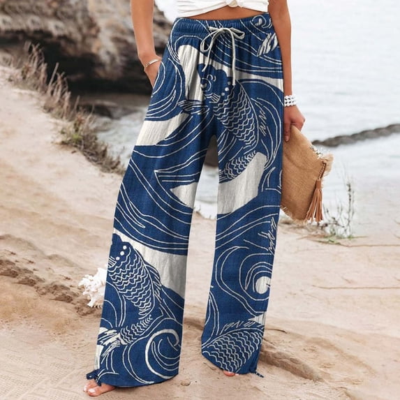 Women's Casual Pants Women'S Vintage Art Print Cotton And Linen Casual Pants Casual Wide Leg Trousers With Pockets,Blue Women's Casual Pants M