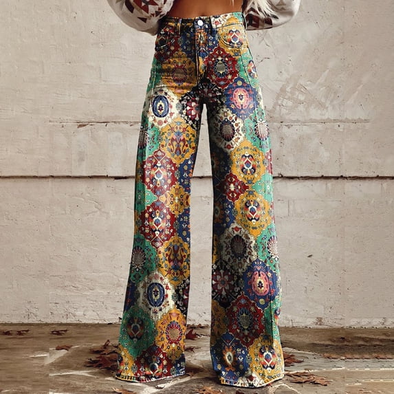Women's Casual Pants Women'S Vintage Flower Print Casual Wide Leg Pants,Yellow Women's Casual Pants XXXL