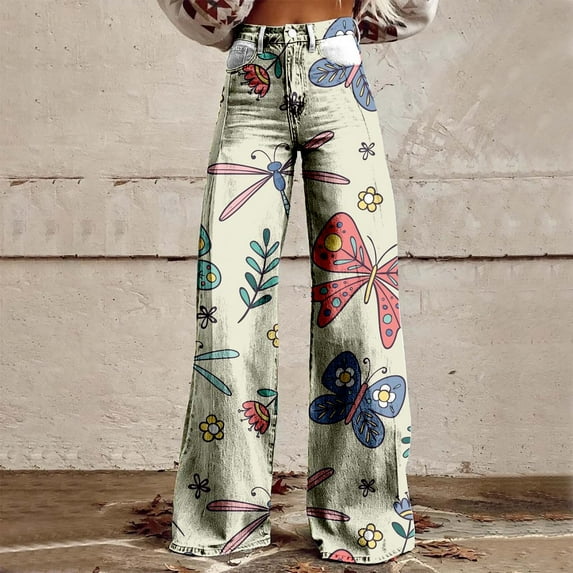 Women's Casual Pants Women'S Wide Leg Pant Vintage Floral Print High Waisted Straight Stretch Pants With Pockets,Beige Women's Casual Pants XL