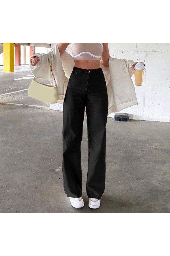 Women's Casual Pants Women Solid Color Jeans Sagging Loose Slim Waist Straight Pants Women'S Casual Jeans,Black Women's Casual Pants L