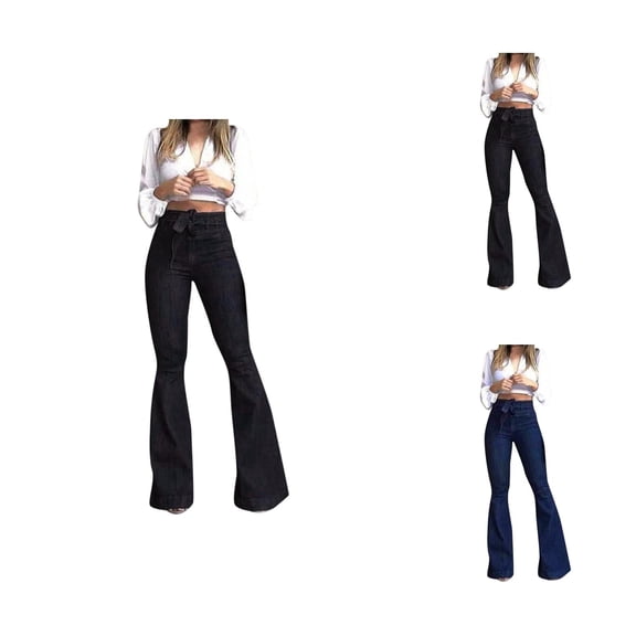 Women's Casual Pants Women Solid Flare Jeans Elastic Waist Bottom Hem Denim Pants for Comfortable Everyday Wear