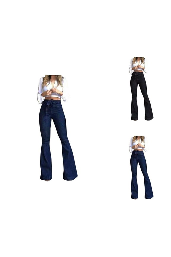 Women's Casual Pants Women Solid Flare Jeans Elastic Waist Bottom Hem Denim Pants for Comfortable Everyday Wear