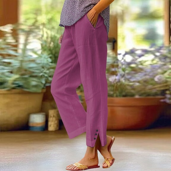 Women's Casual Pants Women Solid Straight Solid Elastic Pants Long Linen Women Waist Cotton Casual Slit Trouser Legs Pants,Pink Women's Casual Pants XL