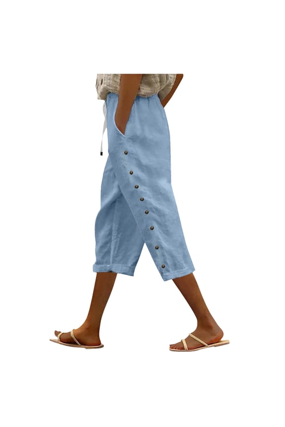 Women's Casual Pants Women's Summer Solid Color Elastic Waist Loose Side Button Decoration Versatile Capris Casual Pants
