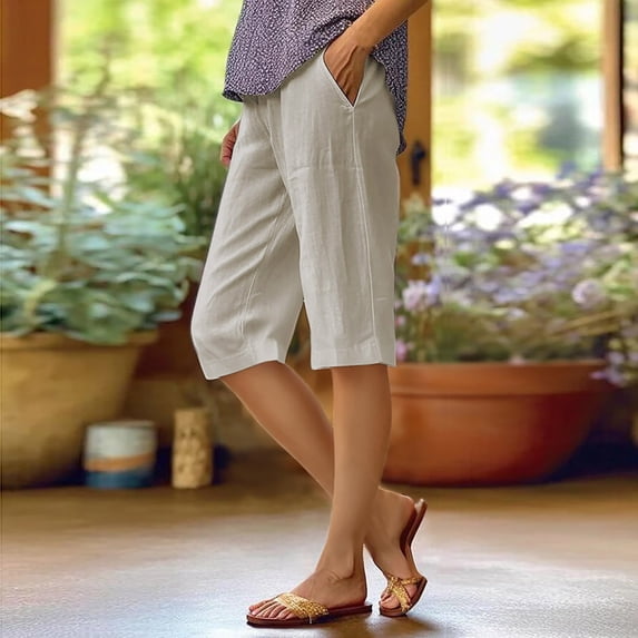 Women's Casual Pants Womens Casual Loose Elastic Waist Cotton Trouser Cropped Wide Leg Pants,Yellow Women's Casual Pants XXL