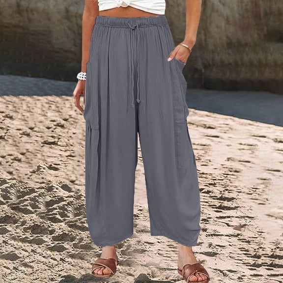 Women's Casual Pants Womens Elastic Waisted Pleated High Waisted Wide Leg Pants Loose Casual Cotton And Linen Cropped Pants Beach Casual Pants,Gray Women's Casual Pants S