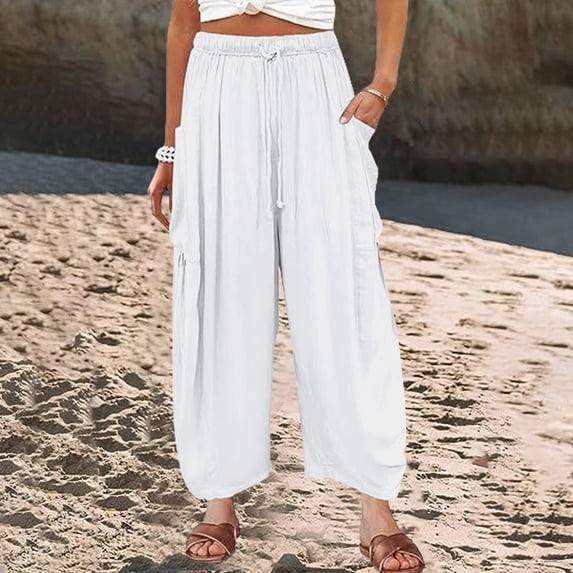 Women's Casual Pants Womens Elastic Waisted Pleated High Waisted Wide Leg Pants Loose Casual Cotton And Linen Cropped Pants Beach Casual Pants,White Women's Casual Pants XXXL