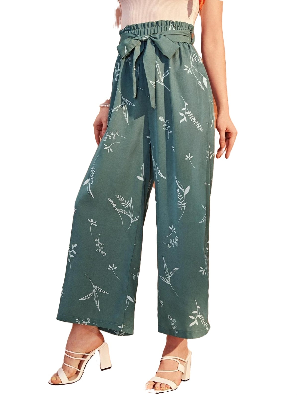 Women's Casual Paperbag High Waist Wide Leg Pants Green - Walmart.com