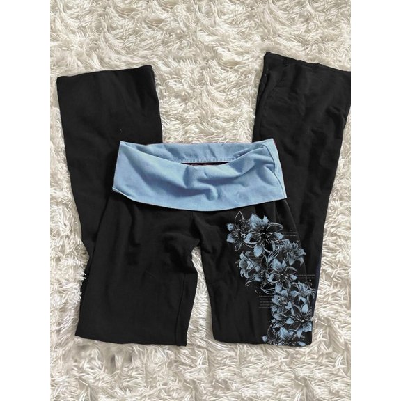 Women's Casual Patchwork Long Pants, Blue Floral Print Contrast Color Pants