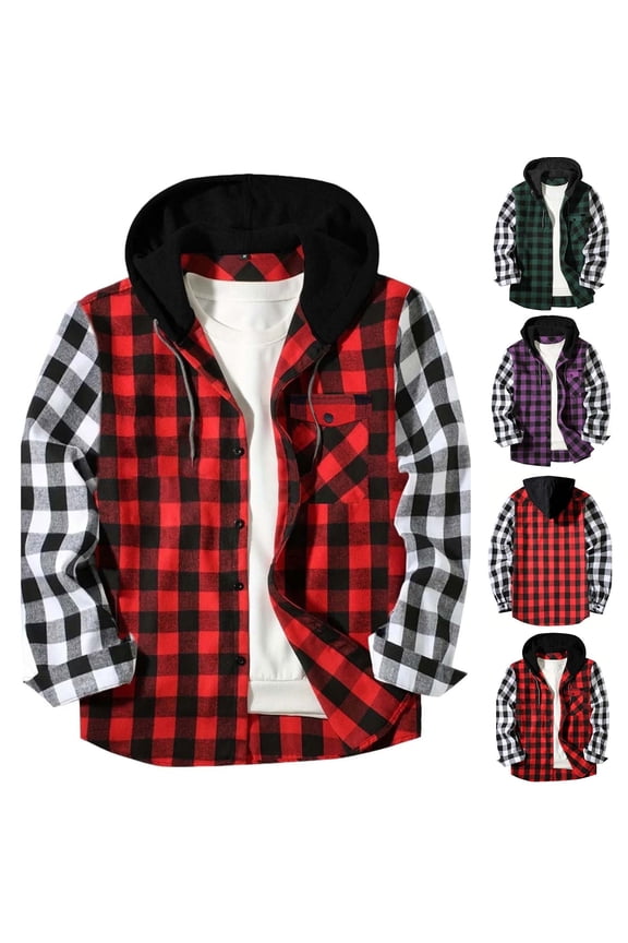 Women's Casual Patchwork Plaid Hooded Button Down Long Sleeve Shirt Blouse Top with Pocket for Streetwear Travel Loungewear Fashion Essential Gift for Ladies | Aestivo,Red XL