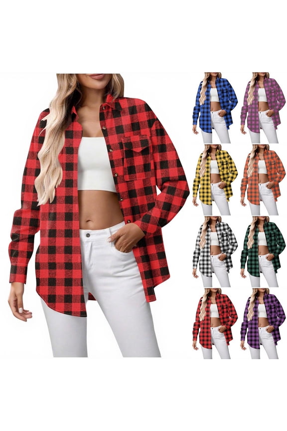 Women's Casual Patchwork Plaid Hooded Button Down Long Sleeve Shirt Blouse Tops Tunic Loose Fit Solid Color Soft Flannel for Daily Wear Travel Streetwear Fashion Essential