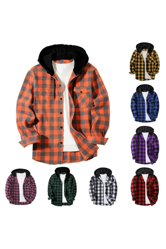 Women's Casual Patchwork Plaid Hooded Button Down Long Sleeve Shirt Blouse Tunic Top, Loose Fit Oversized Flannel Shacket, Streetwear Loungewear Travel Vacation Fashion Essential Gift for Ladies